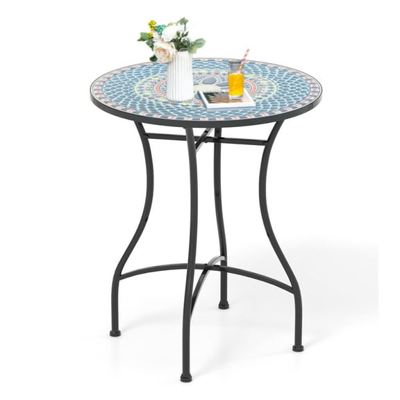 Amijoy 24 Inch Patio Bistro Table, Mosaic Round Table w/ Ceramic Tile Tabletop, Heavy-Duty Metal Structure, Decorative Outdoor Dining Table