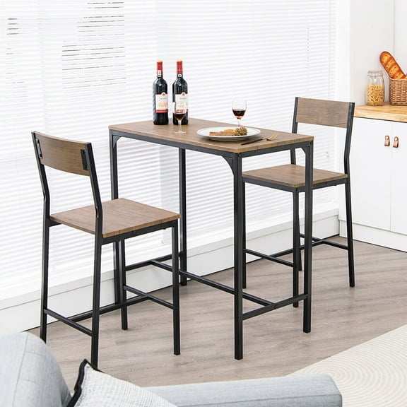 Amijoy 3 Pieces Bar Table Set, Pub Table Set W/Heavy Duty Steel Frame, Modern Industrial-style Table & Chair Set for Kitchen