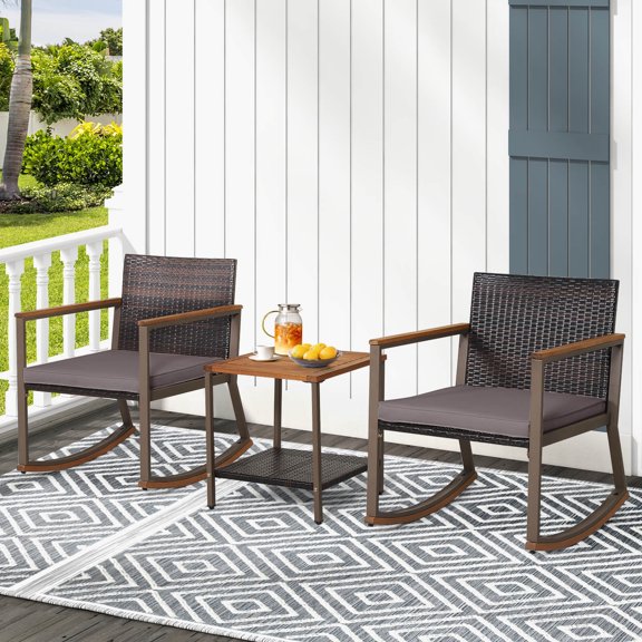Amijoy 3PCS Patio Rattan Rocking Chair Bistro Set Armrest Cushion Table W/Storage Shelf