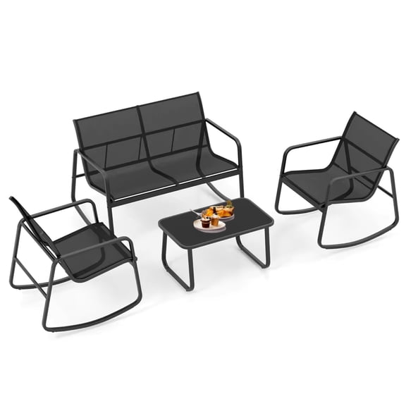 Amijoy 4 PCS Patio Rocking Set 2 Rocking Chairs & Loveseat w/ Glass-Top Table Outdoor