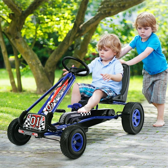 Amijoy 4 Wheel Pedal Powered Kart For Children To Ride On Toys With Adjustable Seat Blue