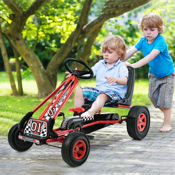 Amijoy 4 Wheel Pedal Powered Kart For Children To Ride On Toys With Adjustable Seat Red