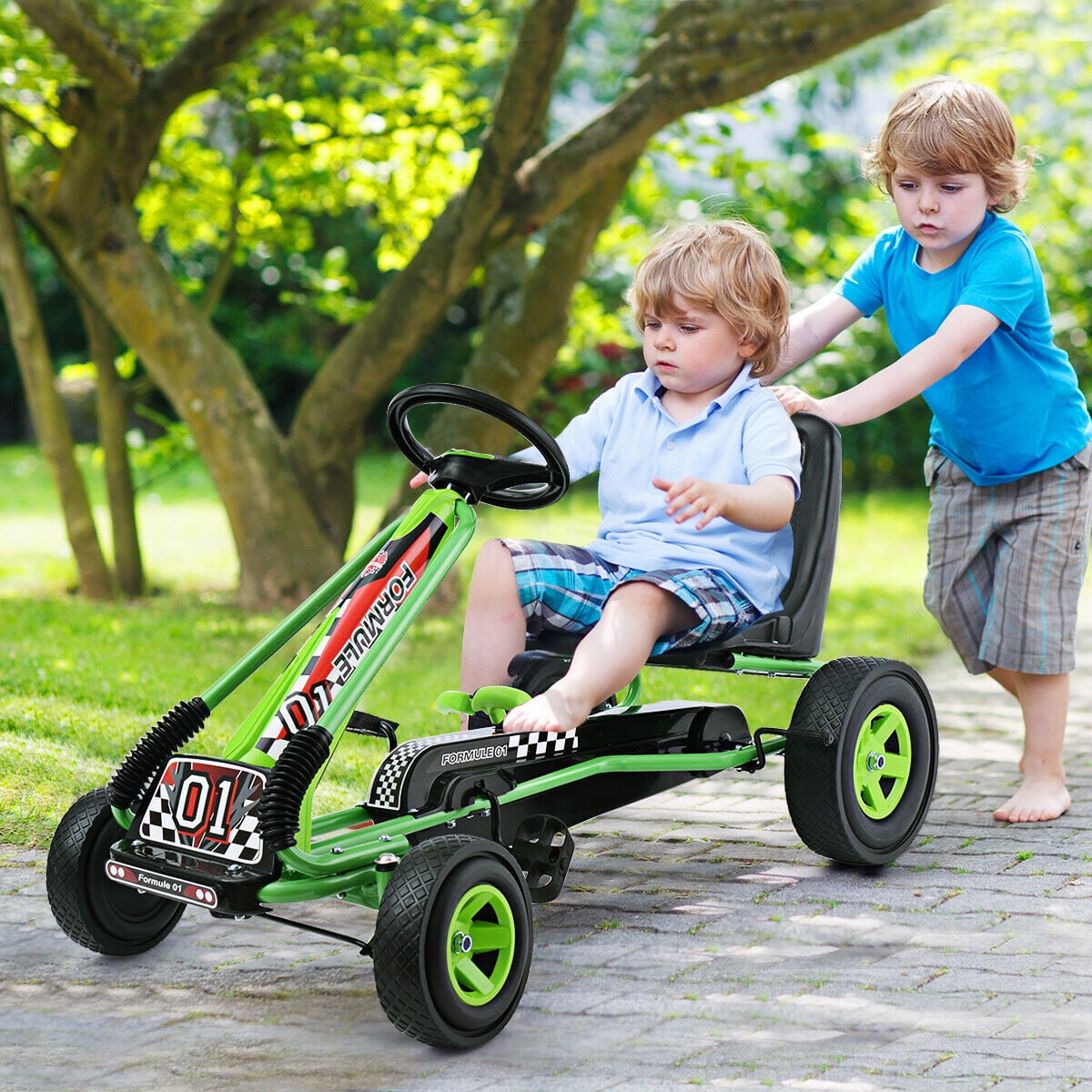 Green Steel and Plastic Pedal Powered Kids Go Kart with Adjustable Seat