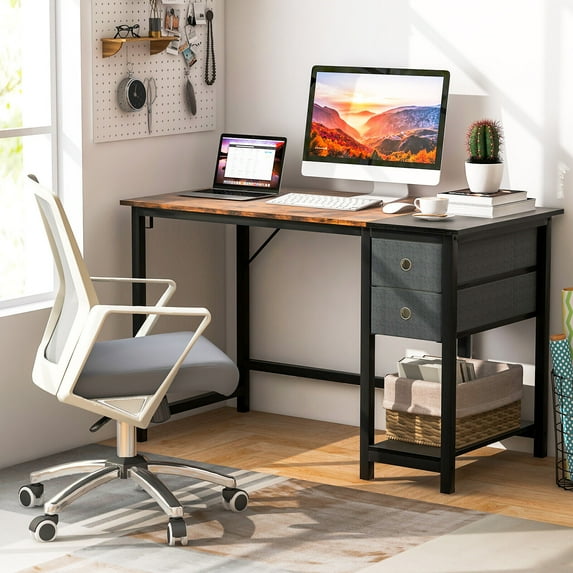 Amijoy 48" Home Office Desk with Storage, Metal Computer Desk with Headphone Hook, Shelf & 2 Drawers, Study Writing Desk