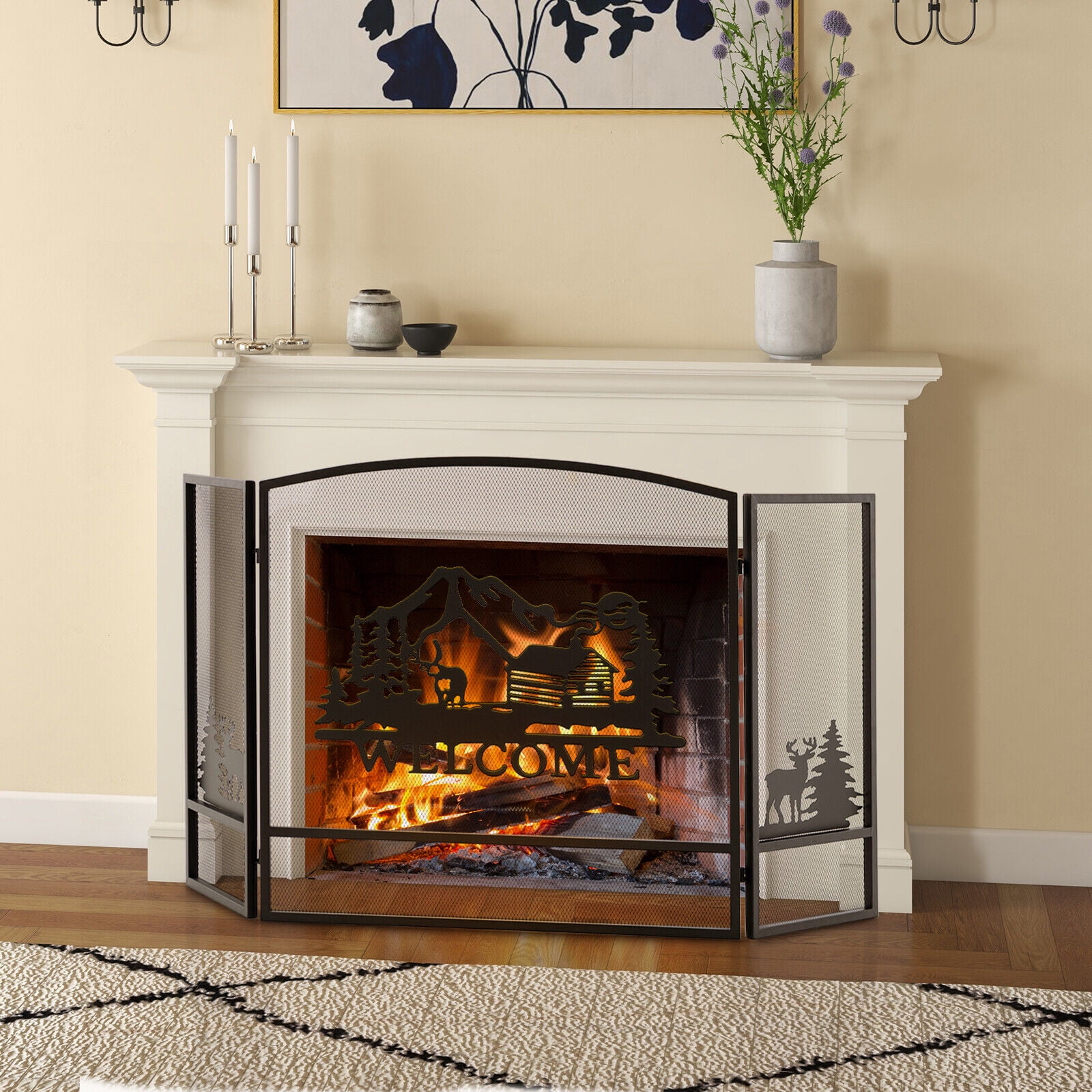 Amijoy 55" x 29.5" 3-Panel See-Through Metal Fireplace Screen, Foldable Fire Spark Guard Grate with Natural Scenery and Moose Pattern