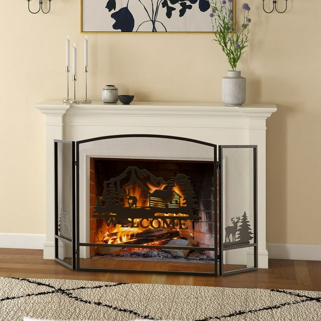 Amijoy 55" x 29.5" 3-Panel See-Through Metal Fireplace Screen, Foldable Fire Spark Guard Grate with Natural Scenery and Moose Pattern