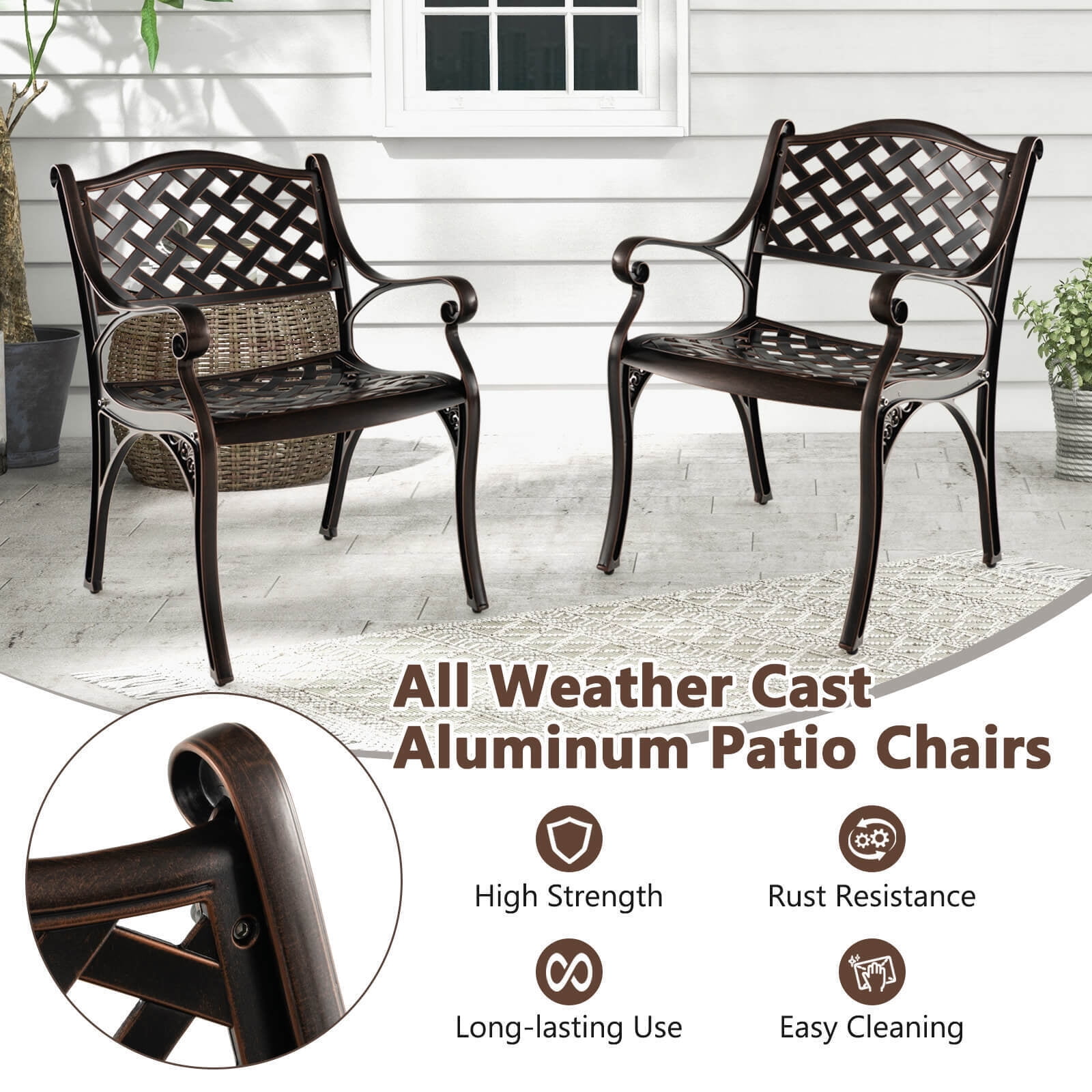Amijoy Cast Aluminum Patio Chairs Set of 2, All Weather Outdoor Dining