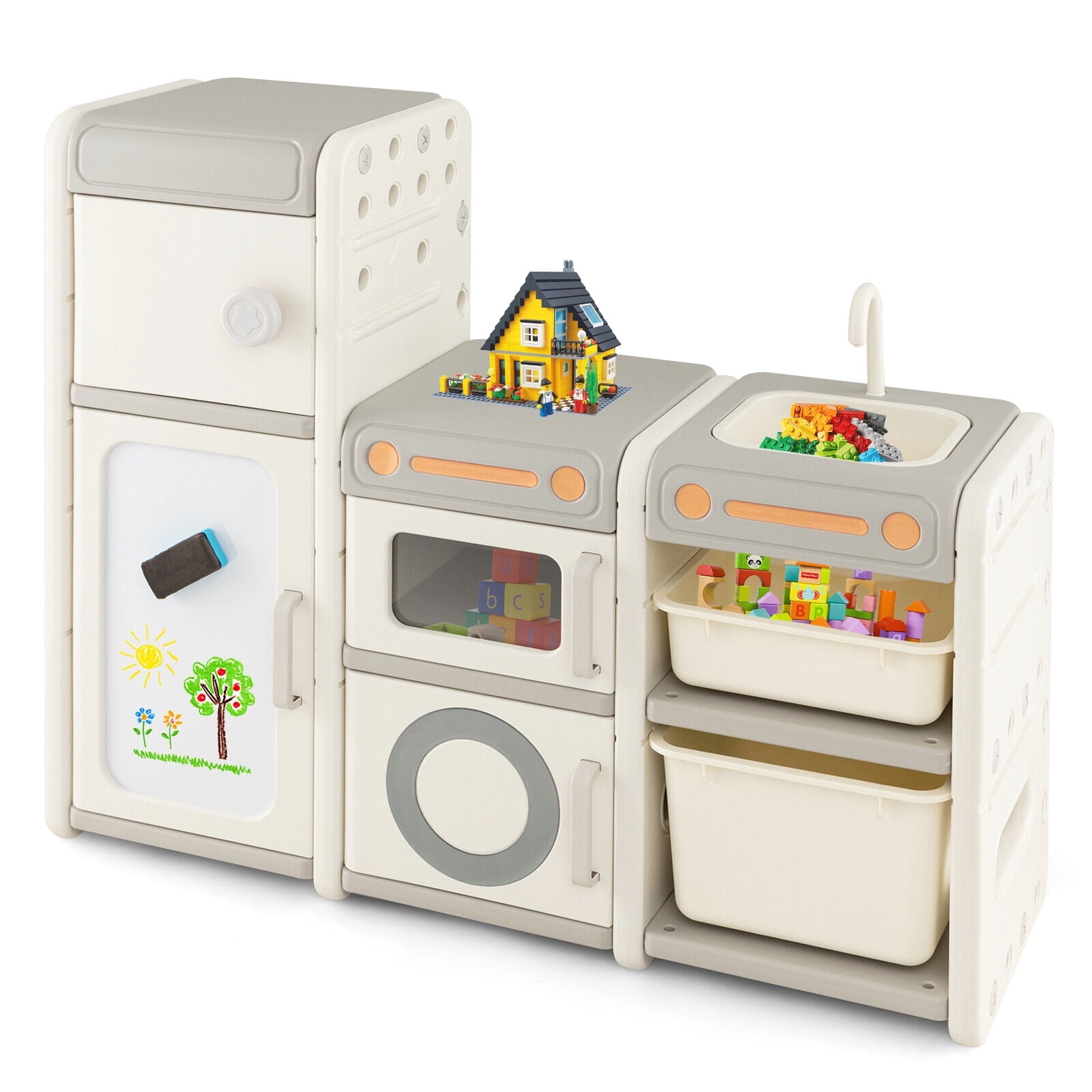 Amijoy Children's Toy Storage Cabinet, Multifunctional Toy Box And Bookshelf With Magnetic Whiteboard, Enclosed Storage Box