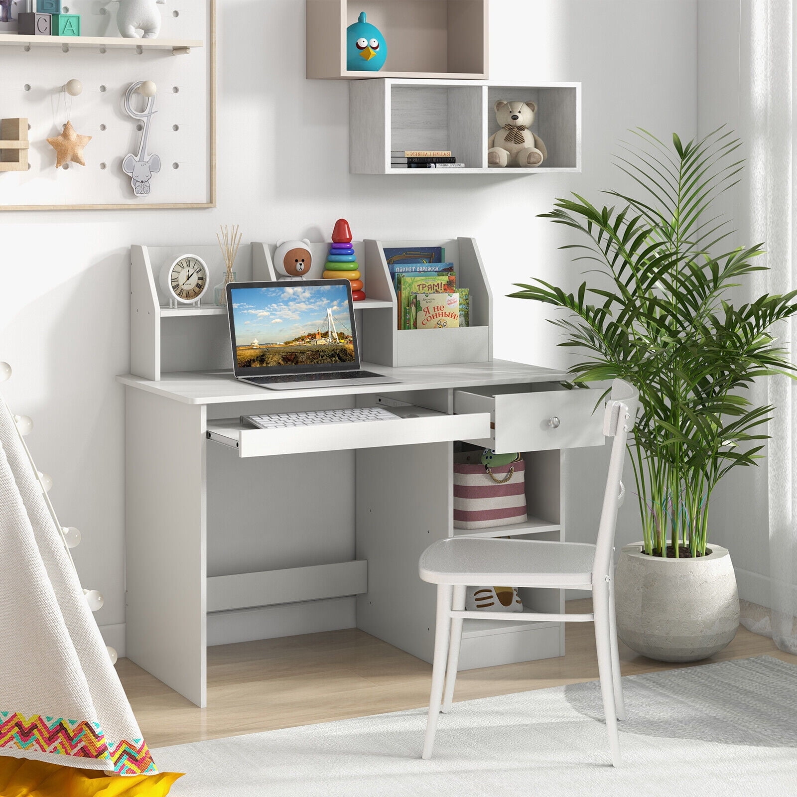 Amijoy Children's desk, children's writing desk, with kitchen cabinet, drawers, storage rack and keyboard tray, suitable for 3+home school students' wooden computer desk