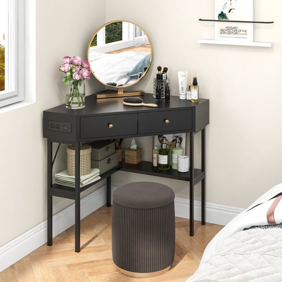 Amijoy Corner Desk w/ Built-in Charging Station, Home Triangle Working Office Desk w/ Storage, Metal Frame Computer PC Desk w/ Drawers & Open Shelves