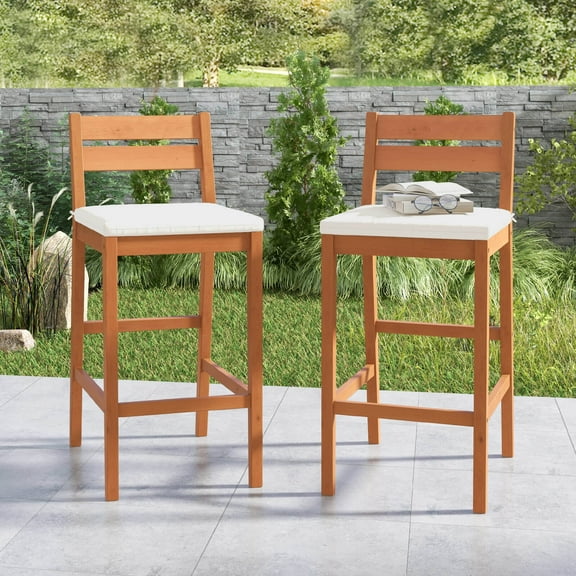 Amijoy Patio Eucalyptus Wood Bar Stools Set of 2, Outdoor Bar Height Patio Chairs with Cushions, Outdoor Barstools for Backyard, Garden, Balcony