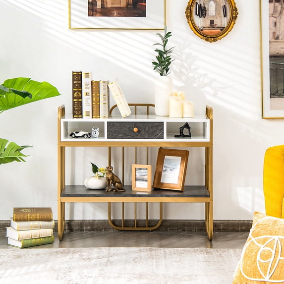 Amijoy Faux Marble Console Table w/ Drawer & Storage Shelf, Elegant Entryway Table w/ Metal Frame, Narrow Long Sofa Side Table for Living Room