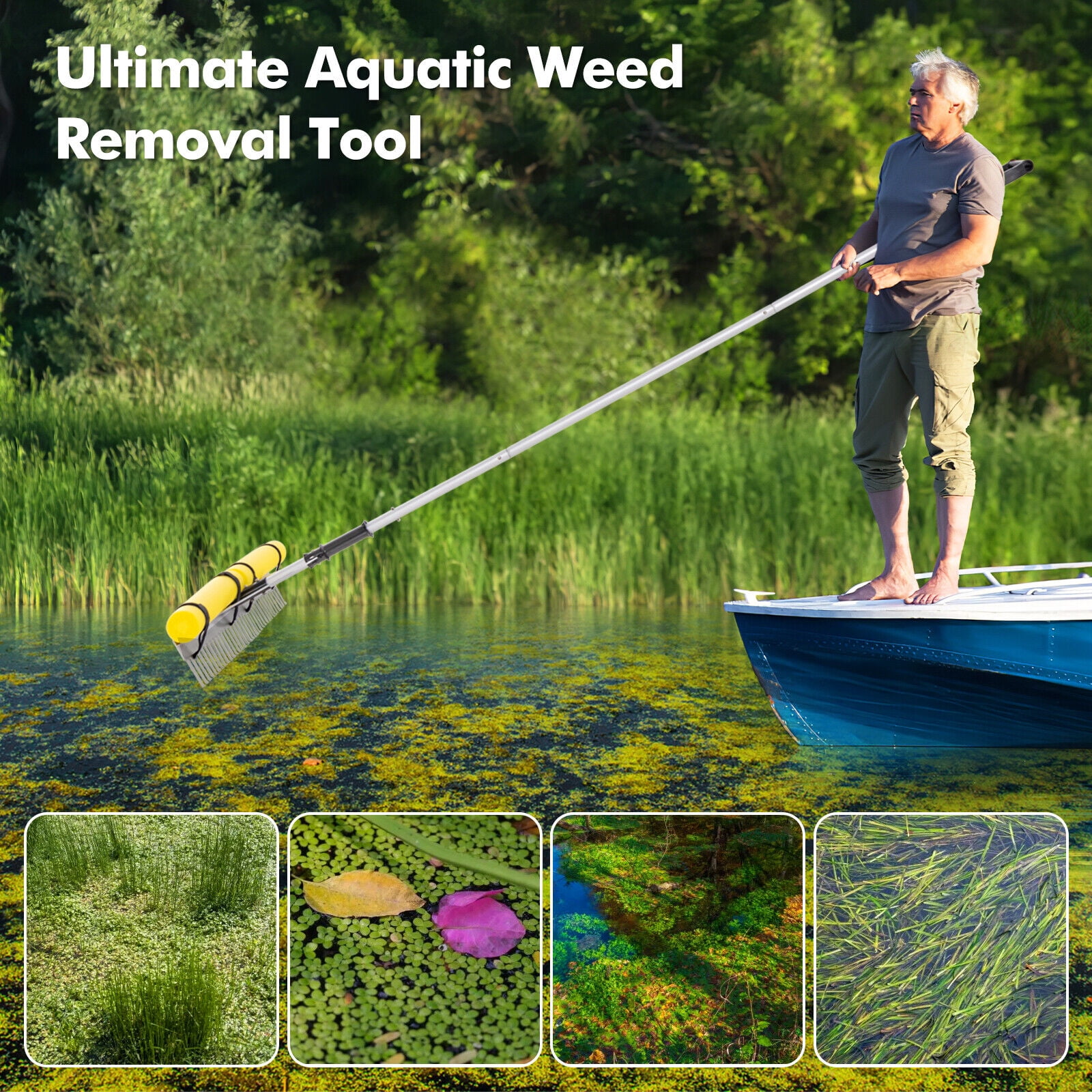 Amijoy Floating Weed Lake Rake, 36" Aquatic Pond Weed Cutter with Foam