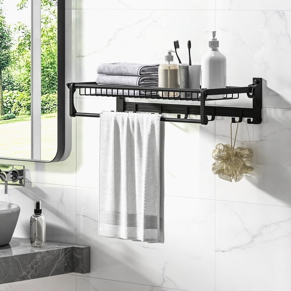 Amijoy Foldable Towel Rack for Bathroom, Wall Mounted Towel Holder Organizer w/ 1 Basket, 1 Towel Bar & 5 Sliding Hooks