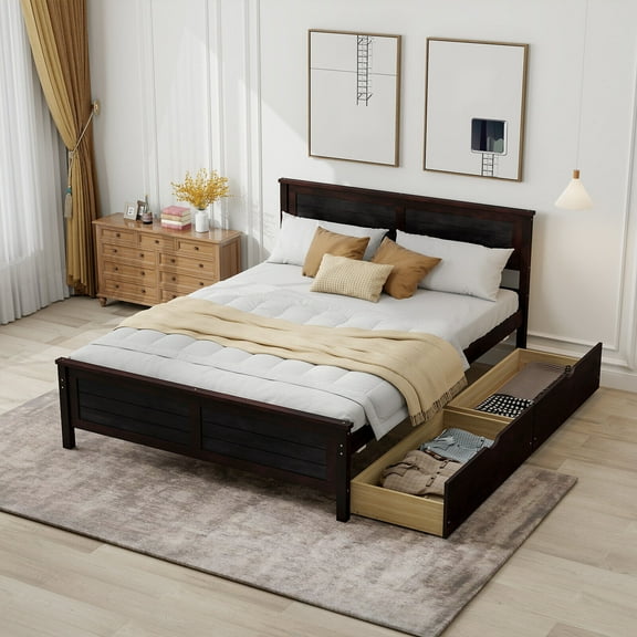 Amijoy Full Wooden Platform Bed Frame with Two Storage Drawers Slats Support Espresso