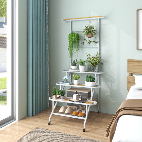 Amijoy Hanging Plant Stand Indoor, 3-Tier Metal Ladder Plant Rack with Hanging Bar, Trellis, Grid Shelf