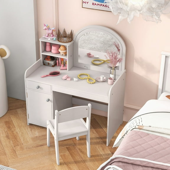 Amijoy Kid Vanity Table Chair Set 2-Color LED Lights Large Drawer Shelf Cabinet White