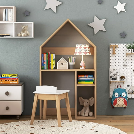 Amijoy Kids House-Shaped Table and Chair Set, 2-in-1 Kid’s Toy Organizer Cabinet with Ample Storage & Extra Blackboard