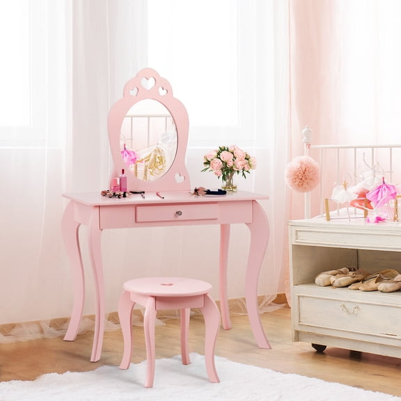 Amijoy Kids Vanity Table and Chair Set, Princess Makeup Dressing Table with Drawer & Mirror, 2-in-1 Vanity Set