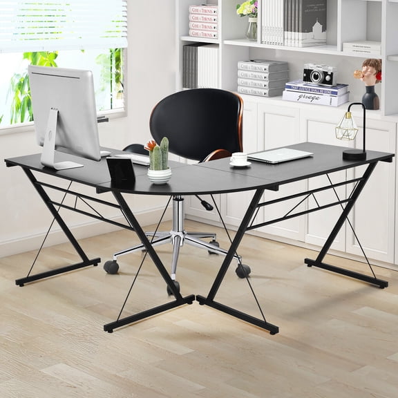 Amijoy L-Shaped Computer Desk, Large Angle Desk Made of Wood & Iron, Sturdy & Space-Saving Corner Desk, Angle Combination