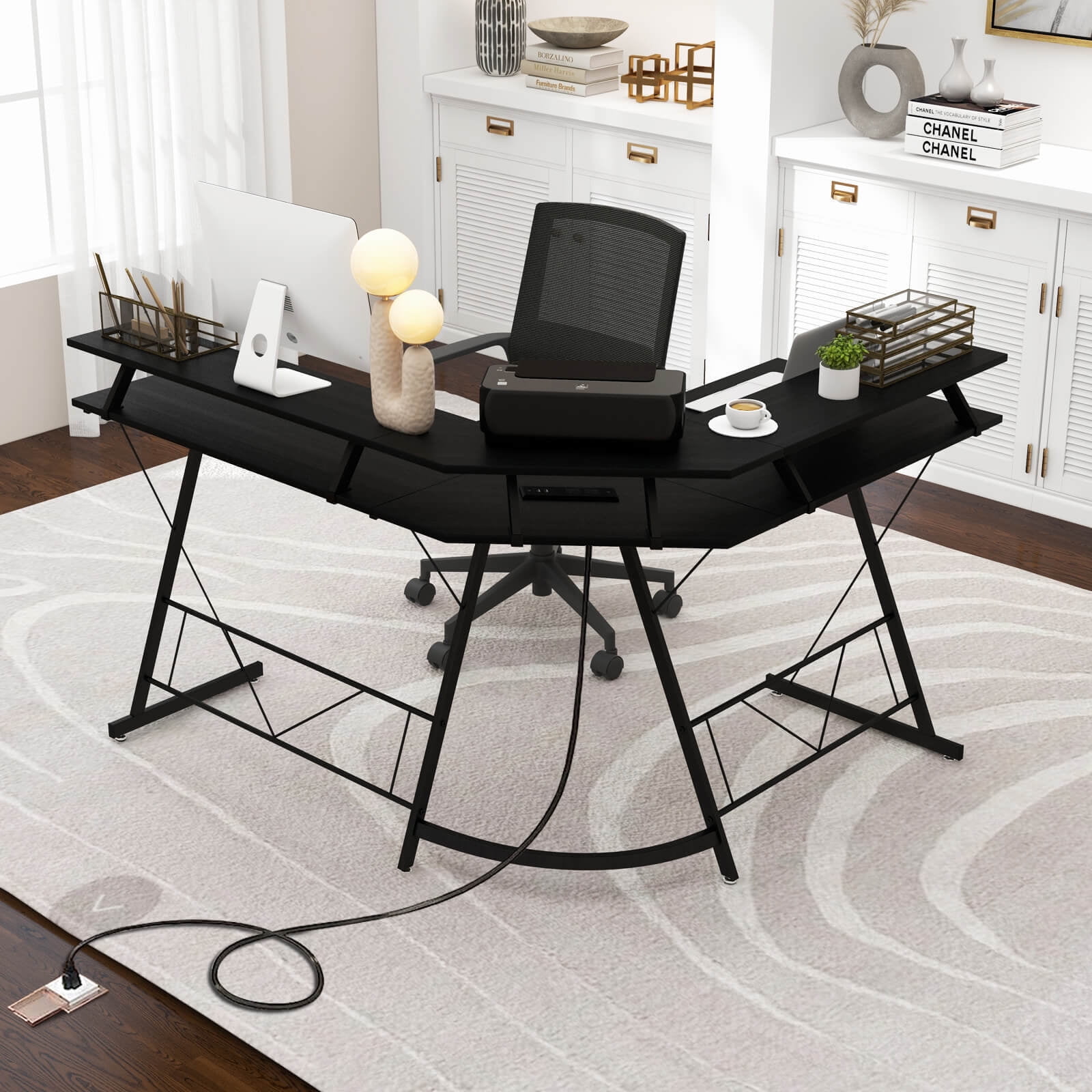 Amijoy L-shaped Computer Corner Desk, 51" Reversible L Shaped Home Office Desk w/Power Outlet, USB Ports, Monitor Stand, Keyboard Tray
