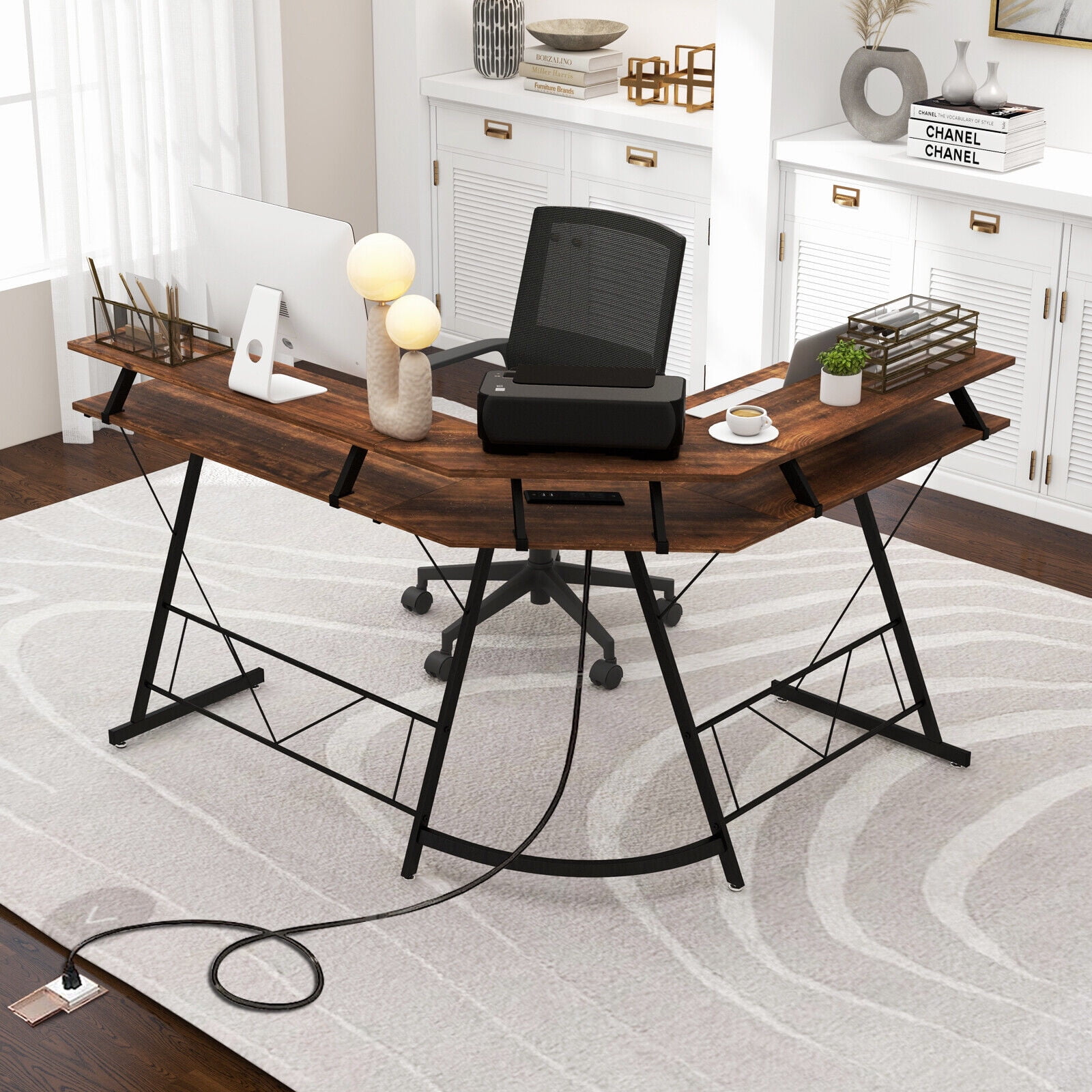 Amijoy L-shaped Computer Corner Desk, 51" Reversible L Shaped Home Office Desk w/Power Outlet, USB Ports, Monitor Stand, Keyboard Tray
