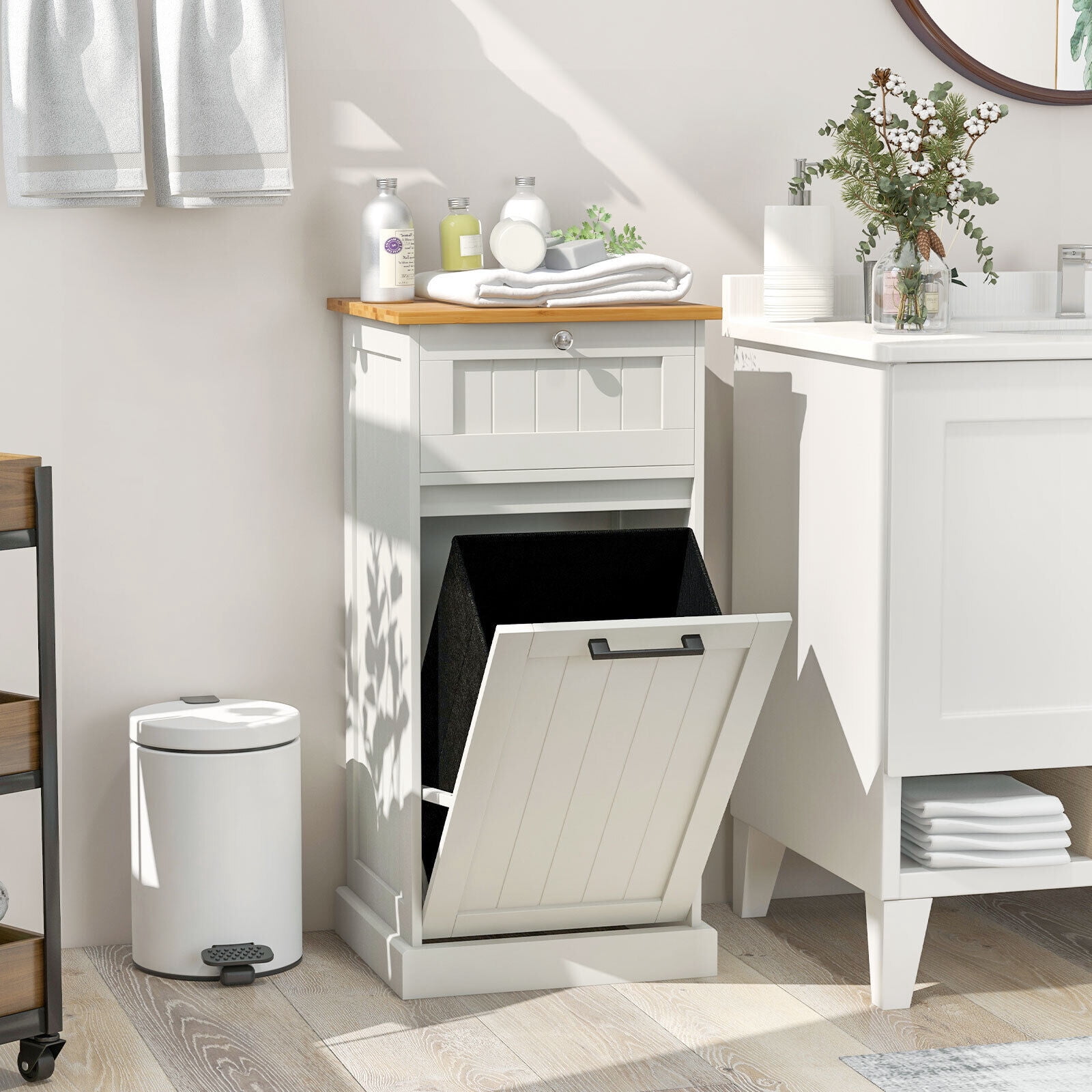 Amijoy Laundry Cabinet Freestanding Tilt Out Laundry Hamper w/ Basket Drawer Organizer, Freestanding Laundry Hamper Cabinet for Bathroom