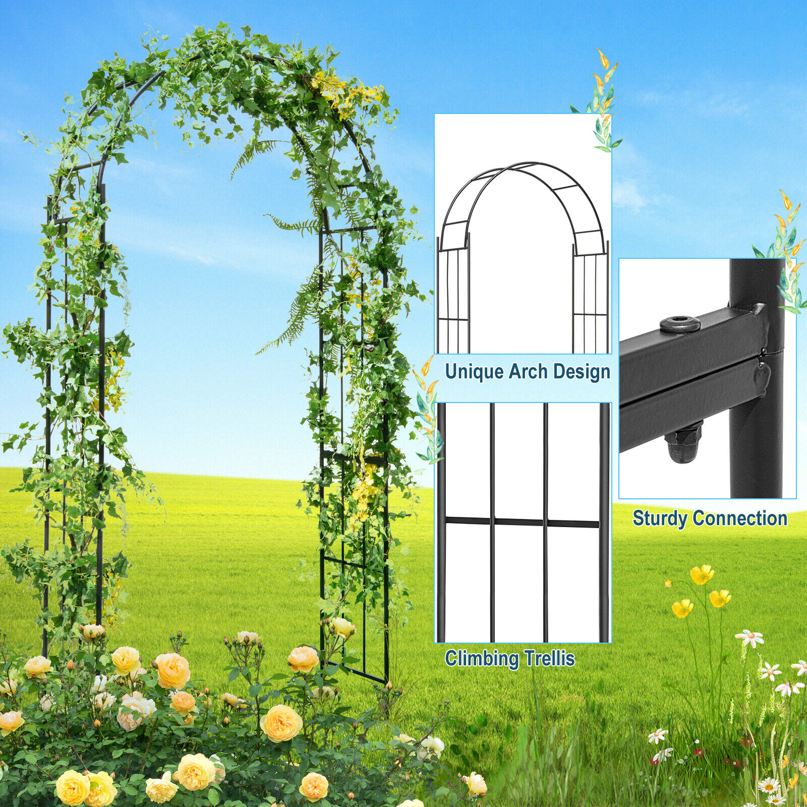 Amijoy Metal Garden Arch Trellis, Pergola Arbor for Climbing Plants ...