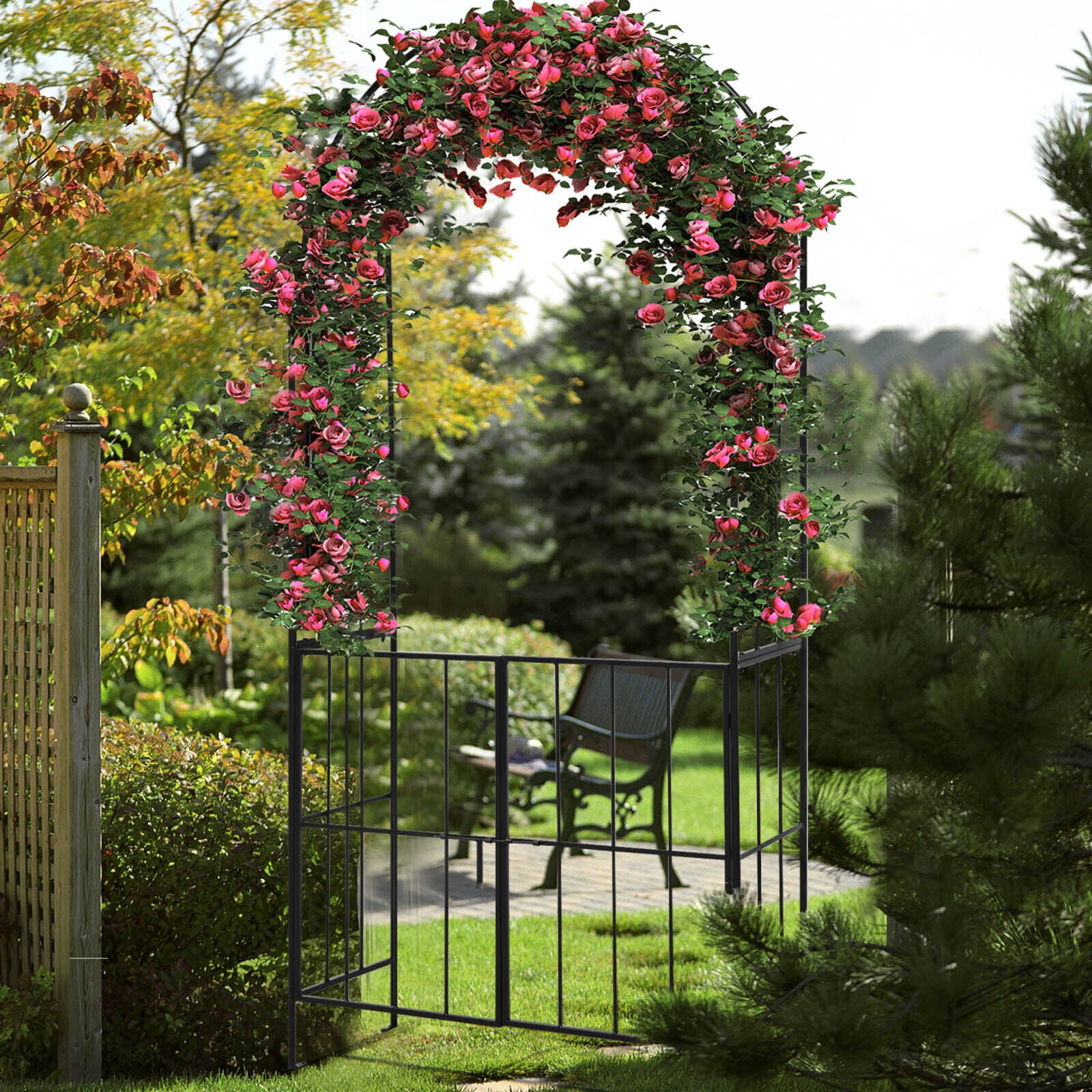 Amijoy Metal Garden Arch Trellis with Gate, Pergola Arbor for Climbing ...