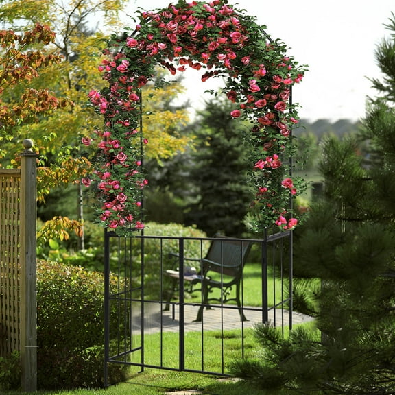 Amijoy Metal Garden Arch Trellis with Gate, Pergola Arbor for Climbing Plants, Roses, Vines, Ceremony Wedding Arch