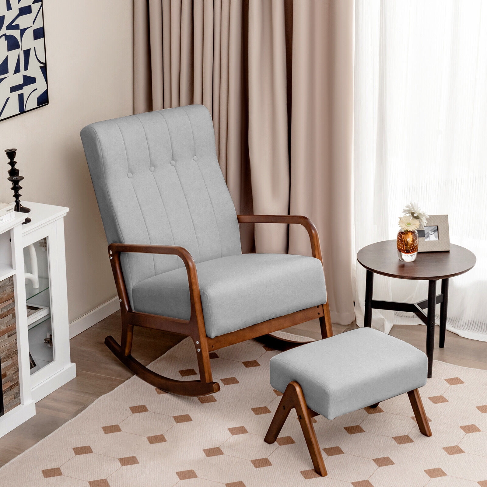 Amijoy Nursery Rocking Chair w/ Ottoman, Upholstered Rocker Chair w/ Footrest, Stable Rubber Frame & Tufted Backrest, Modern Rocking Chairs