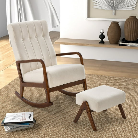 Amijoy Nursery Rocking Chair with Ottoman Upholstered Fabric Glider Rocker Solid Wood Beige