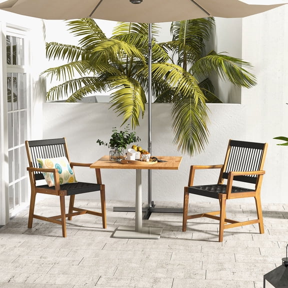 Amijoy Patio 2pcs Acacia Wood Dining Chairs All-Weather Rope Woven Armchairs Outdoor