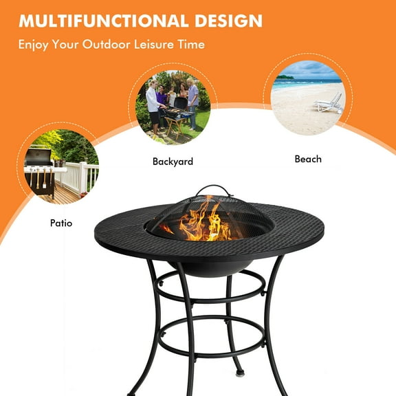 Amijoy Patio 31.5" Fire Pit Dining Table Charcoal Wood Burning W/ Cooking BBQ Grate