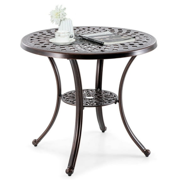 Amijoy Patio Cast Aluminum Table, 31 Inch Diameter Round Table with Umbrella Hole & Bottom Shelf