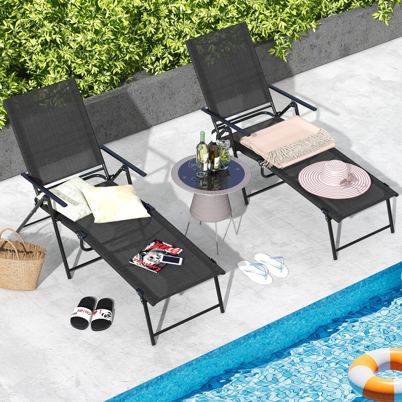 Black Iron Folding Outdoor Chaise Lounge Chairs with Breathable Fabric, Set of 2