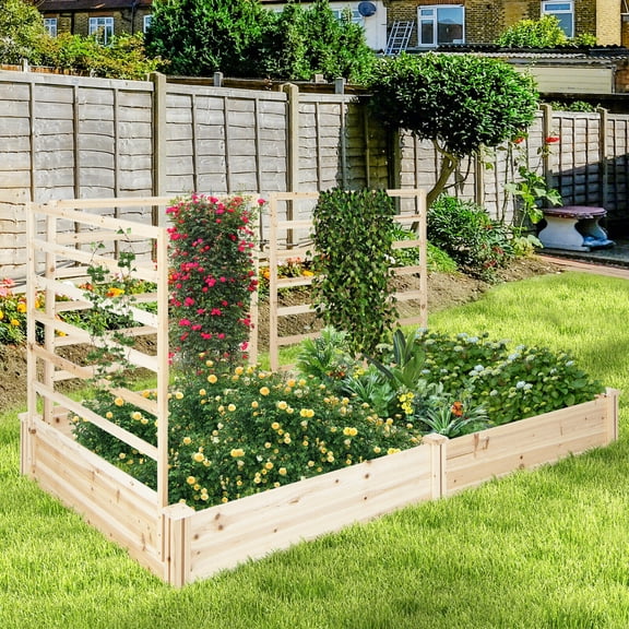 Amijoy Raised Garden Bed with 3 Trellises, Outdoor Wood Planter Box with Divided Compartments for Flowers, Vegetables, Fruits
