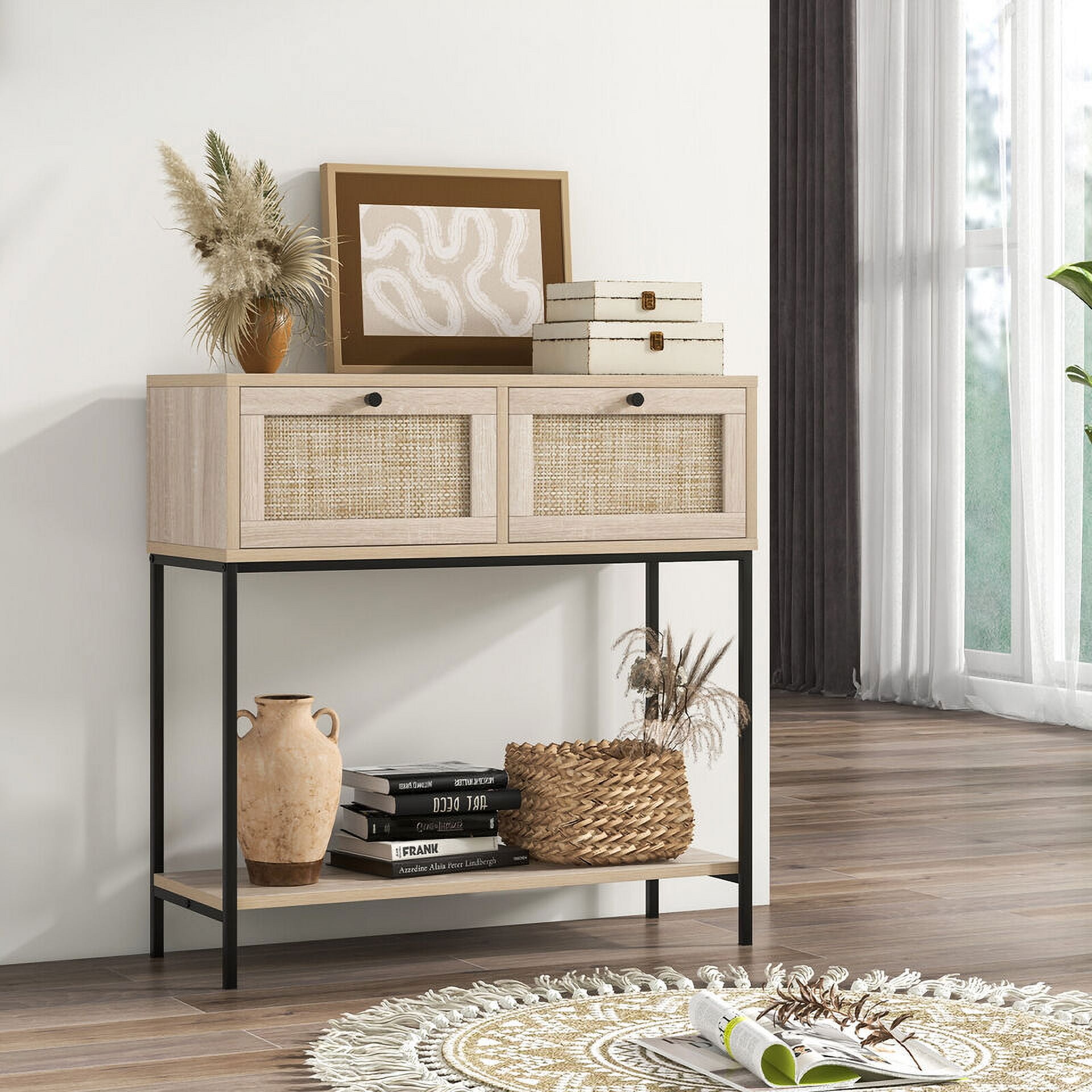 Oak and Rattan Console Table with Black Metal Legs and Storage