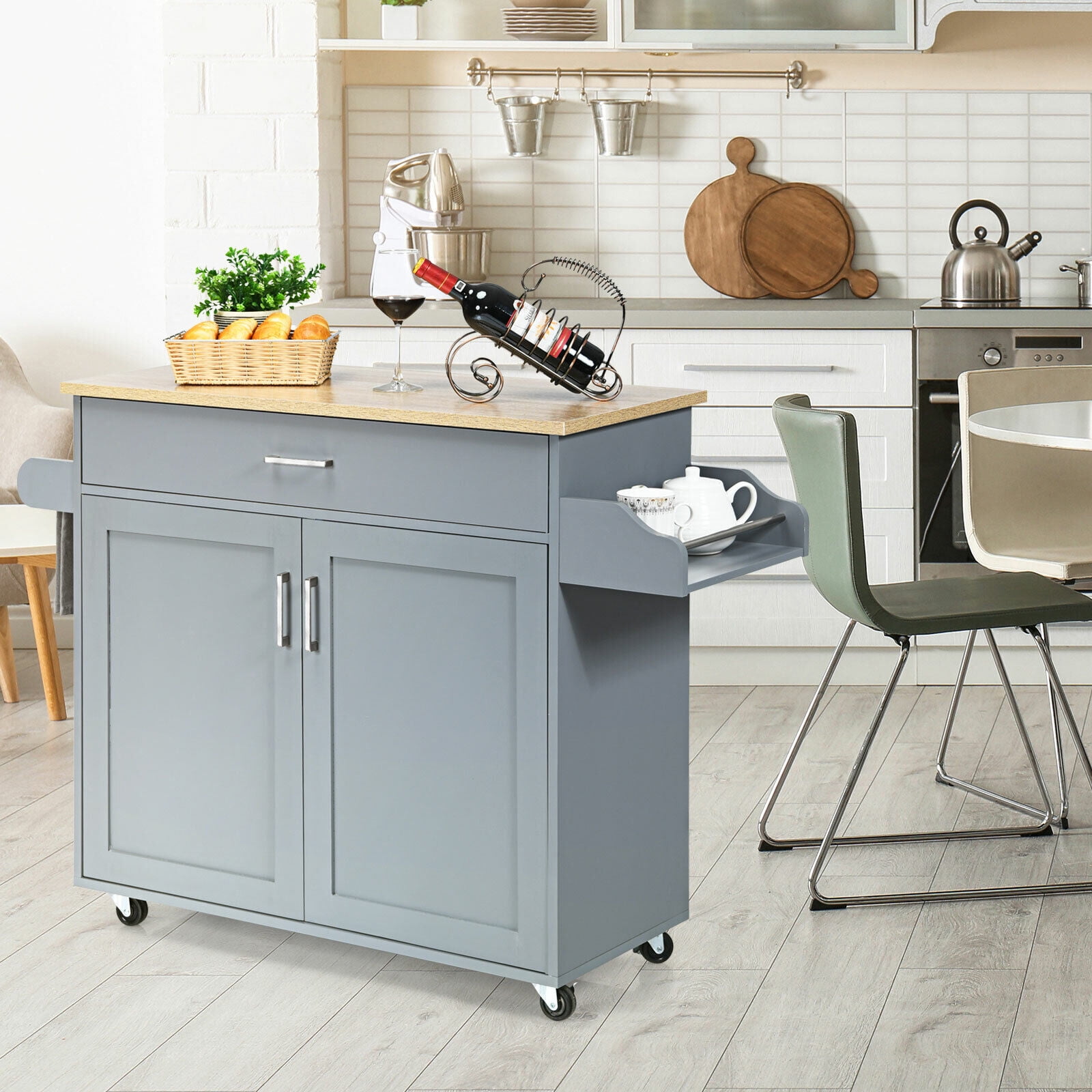 Amijoy Rolling Kitchen Island Cart with Storage, Serving Trolley Cart with Towel Rack, 3-Level Adjustable Shelf & Lockable Wheels, Mobile Island Table