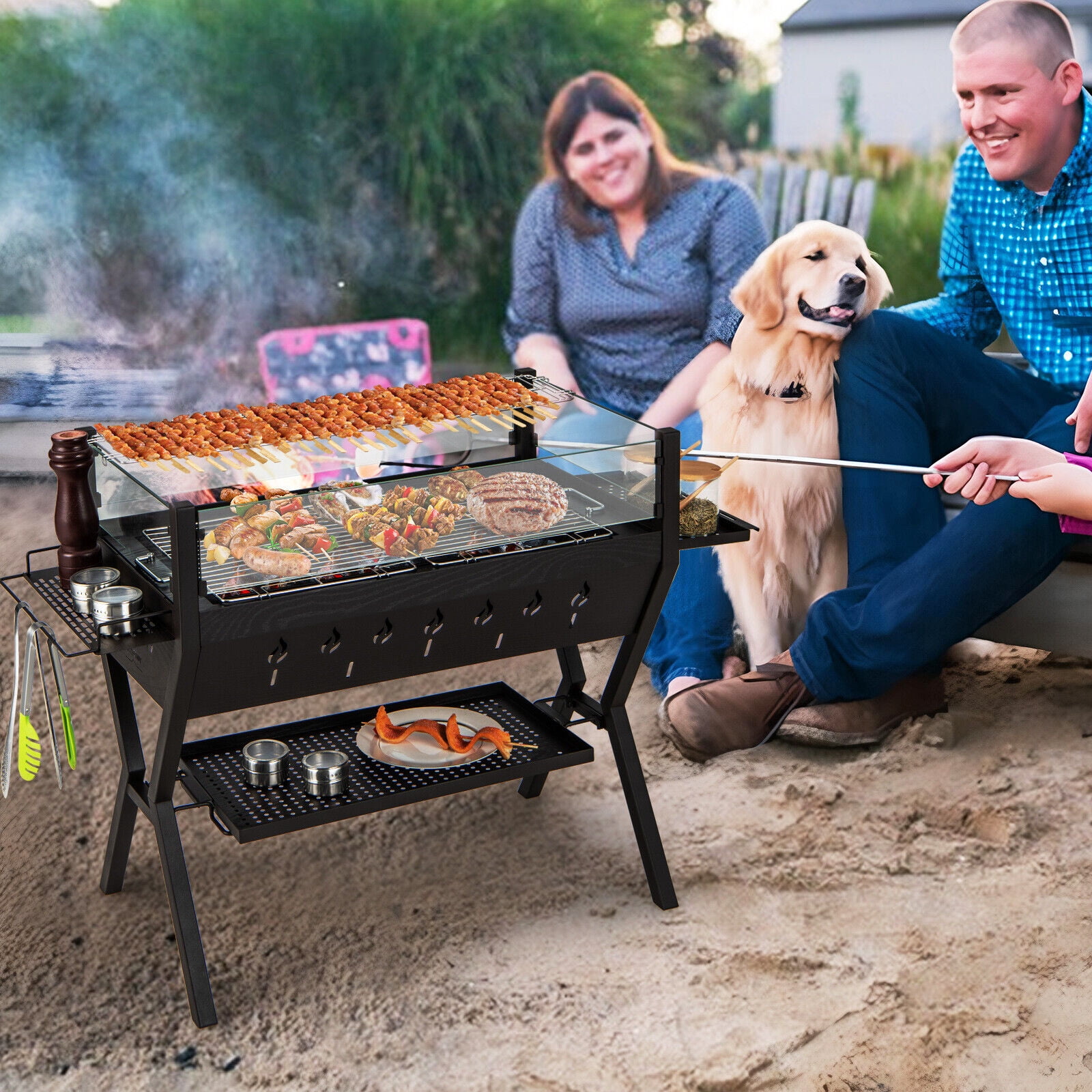 Amijoy Stainless Steel Barbecue Charcoal Grill With Unique Glass Windshield, Seasoning And Storage Rack, Heating And Cooking Grill, Outdoor Barbecue Grill