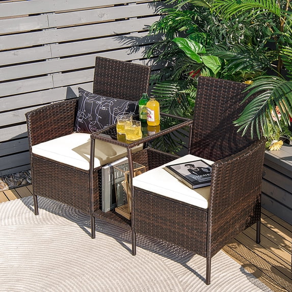 Amijoy Wicker Outdoor Loveseat Set, PE Rattan Patio Conversation Set w/ 2 Removable Cushions & Tempered Glass Coffee Table