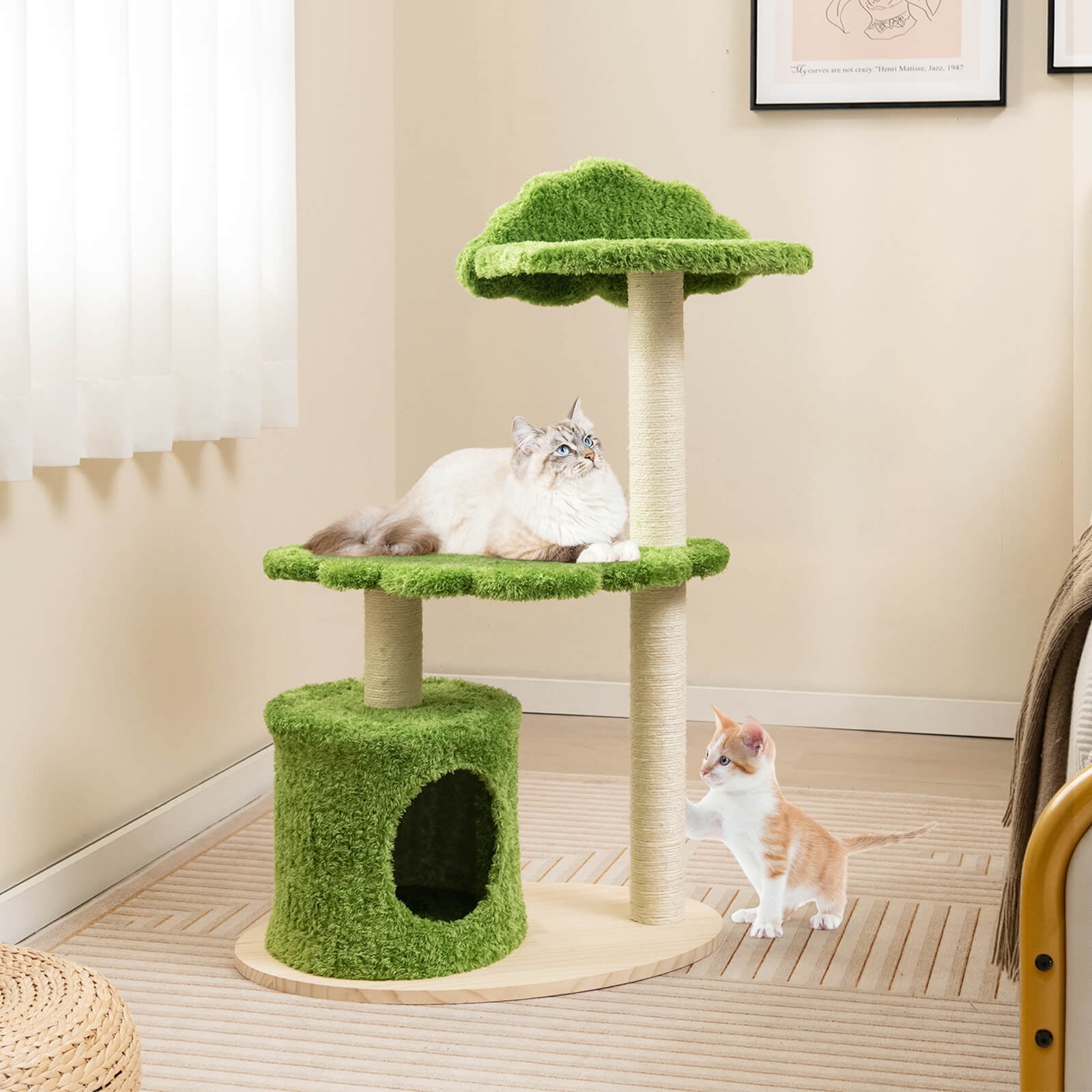 Amijoy Wooden Cat Tree, 38" Tall Cat Climbing Stand w/ Sisal Scratching Posts, Cat Condo, Top Perch, Solid Wood Base