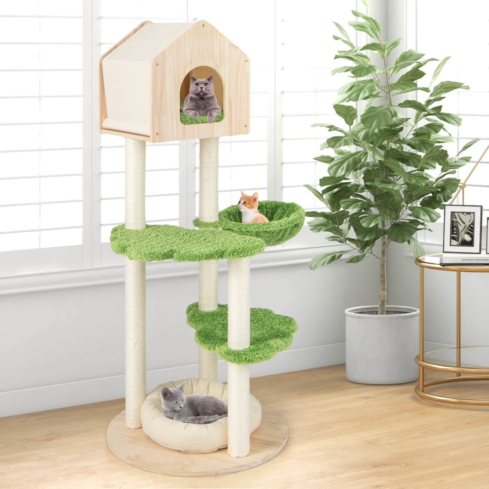 Amijoy Wooden Cat Tree, 55" Tall Cat Climbing Stand w/ Sisal Scratching Posts, Pine Wood Top Condo, Soft Cat Bed, Hammock