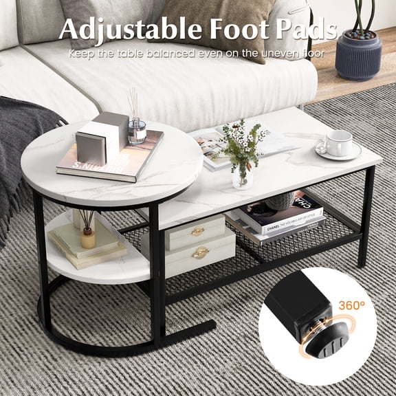 Amijoy a Coffee Table Set Of 2, Detachable Rectangular Table And Round Table Set, Artificial Marble Tabletop, Metal Frame, Black And White Color