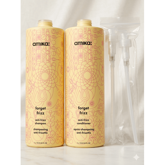 Amika Forget Frizz Shampoo and Conditioner 33.8 FL. OZ. Set with Pump