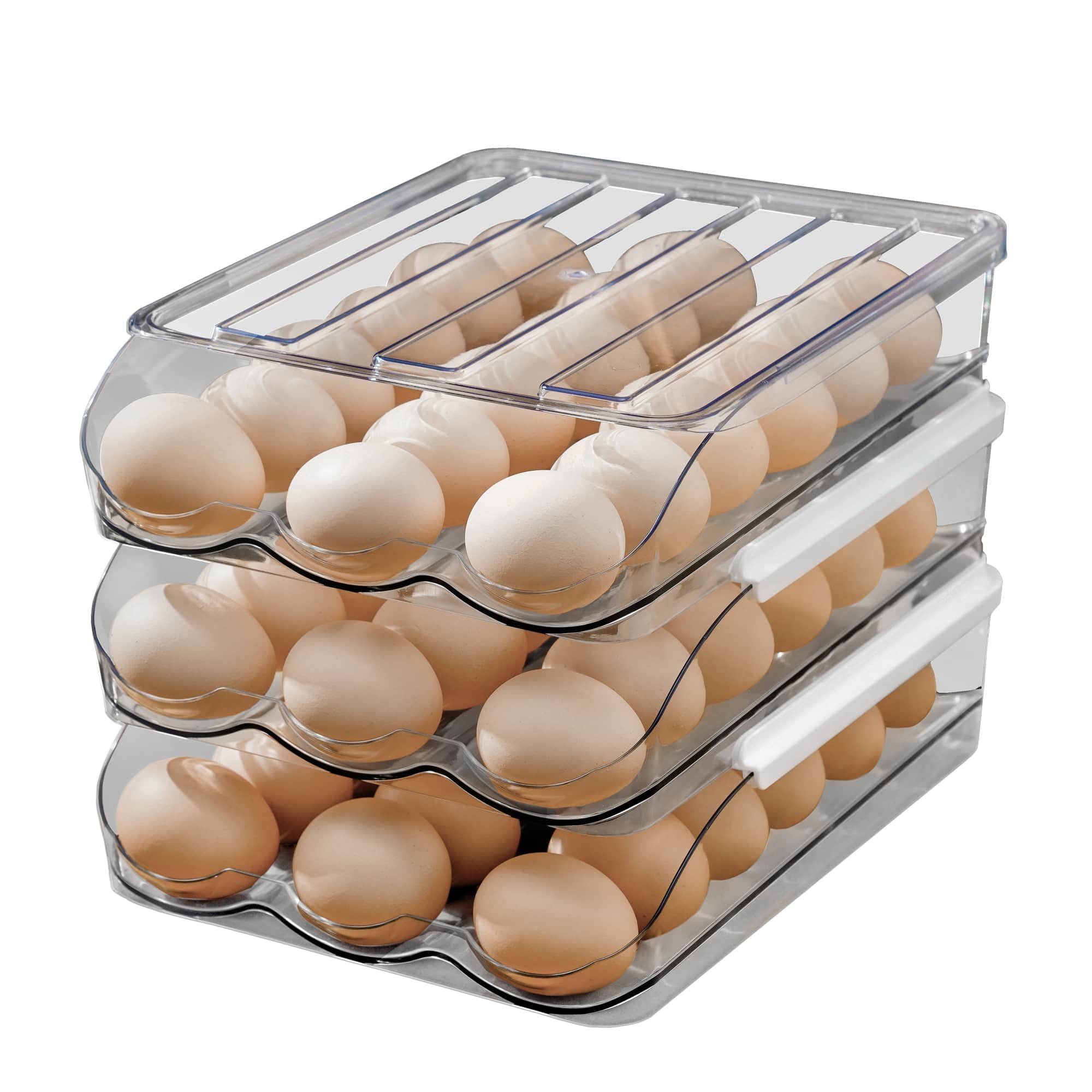 Amikdis Auto Rolling Egg Holder For Refrigerator Large Capacity Egg Container Organizer Tray Bins Stackable Fresh Storage Box For Fridge Plastic Clear(3 Layers)