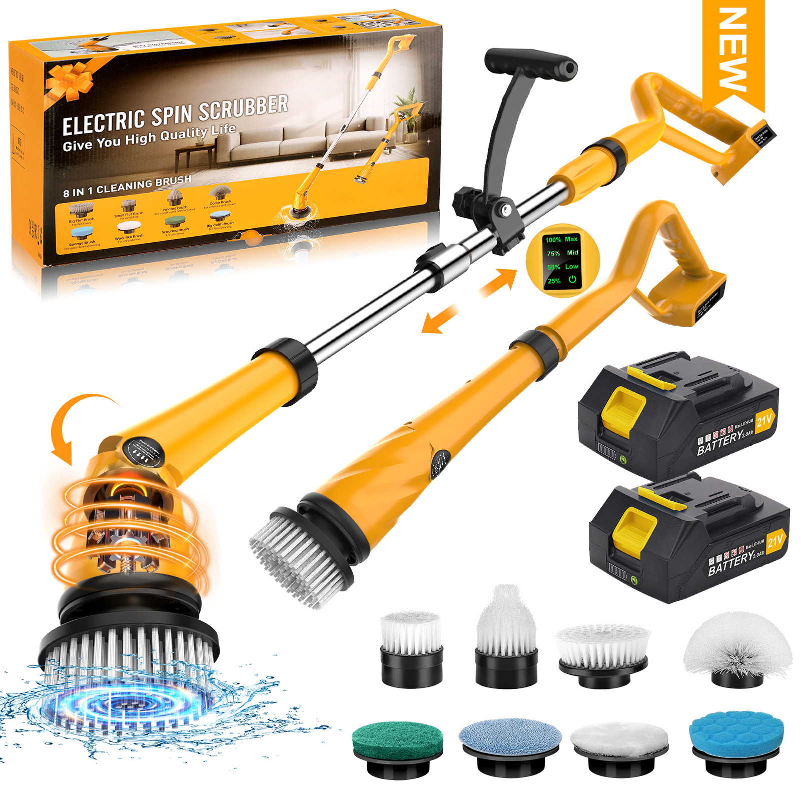 Amiluo Electric Spin Scrubber, 1500 RPM Cordless Bathroom Cleaning Brush with 4000 mAh Large Battery, 8 Replaceable Heads, Extension Handle & Display, Power Scrubber for Shower/Floor/Tub, A4-Yellow