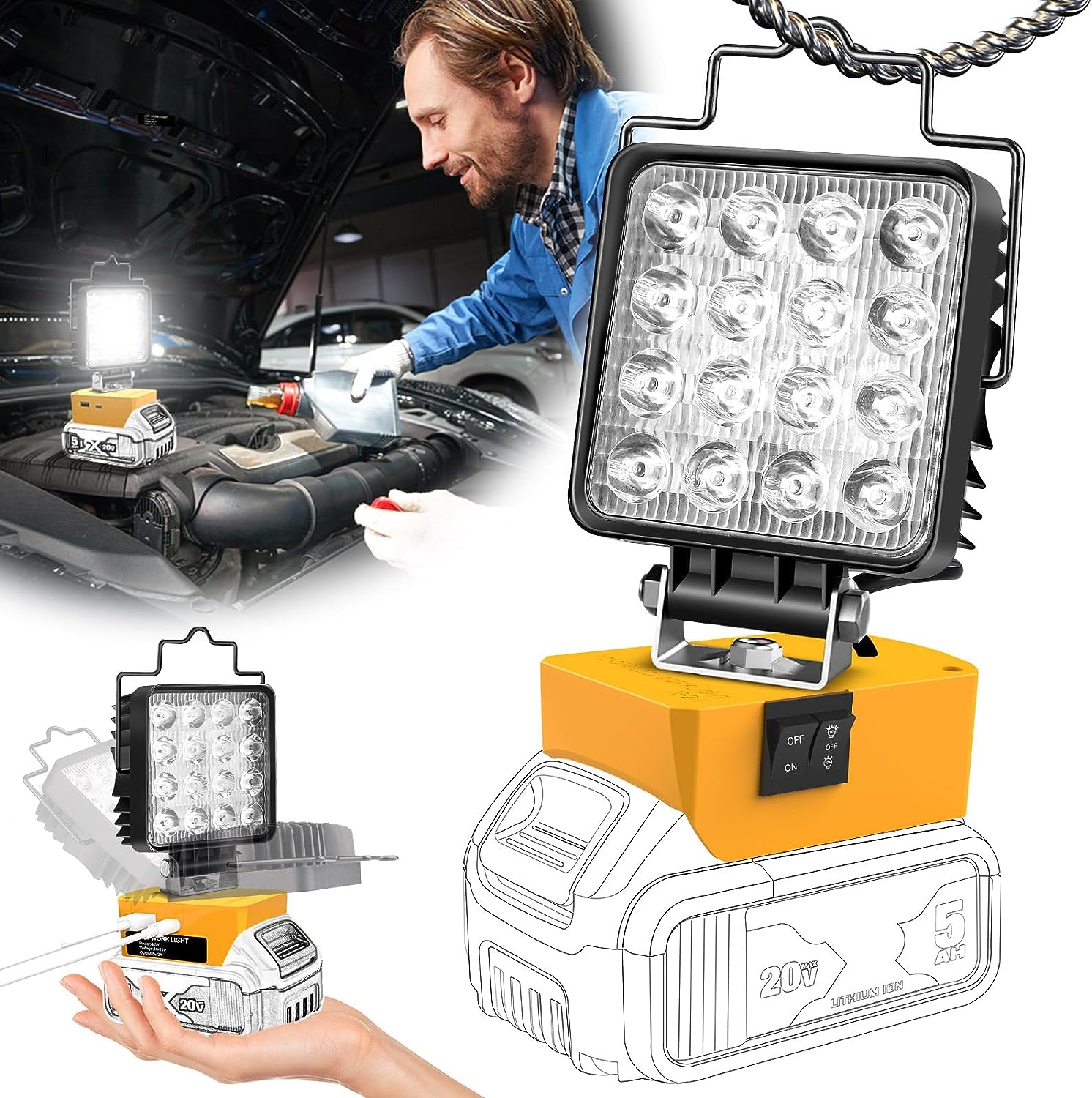 Amiluo 4800LM LED Work Light for Dewalt Battery, 48W Underhood Work