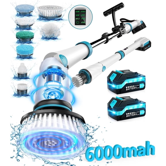 Amiluo Electric Spin Scrubber, 6000 mAh Ultra-Large Battery, 1200 RPM Power Cordless Cleaning Brush with Extension Handle, 8 Replaceable Heads & Display, Shower Brush for Tub/Floor/Bathroom, A5/Blue