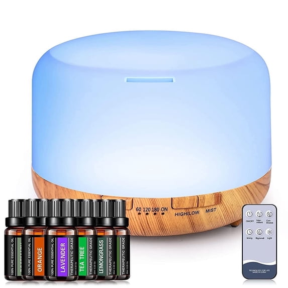 500ml Essential Oil Diffuser with 6*10ml Essential Oils Set, Aroma Air Humidifier with Remote Control for Bedroom Home Office